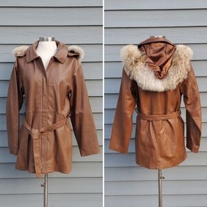 Cabela's Brown Leather Coyote Fur Hood Ruff Trendy Parka Midi Belted Trench Coat